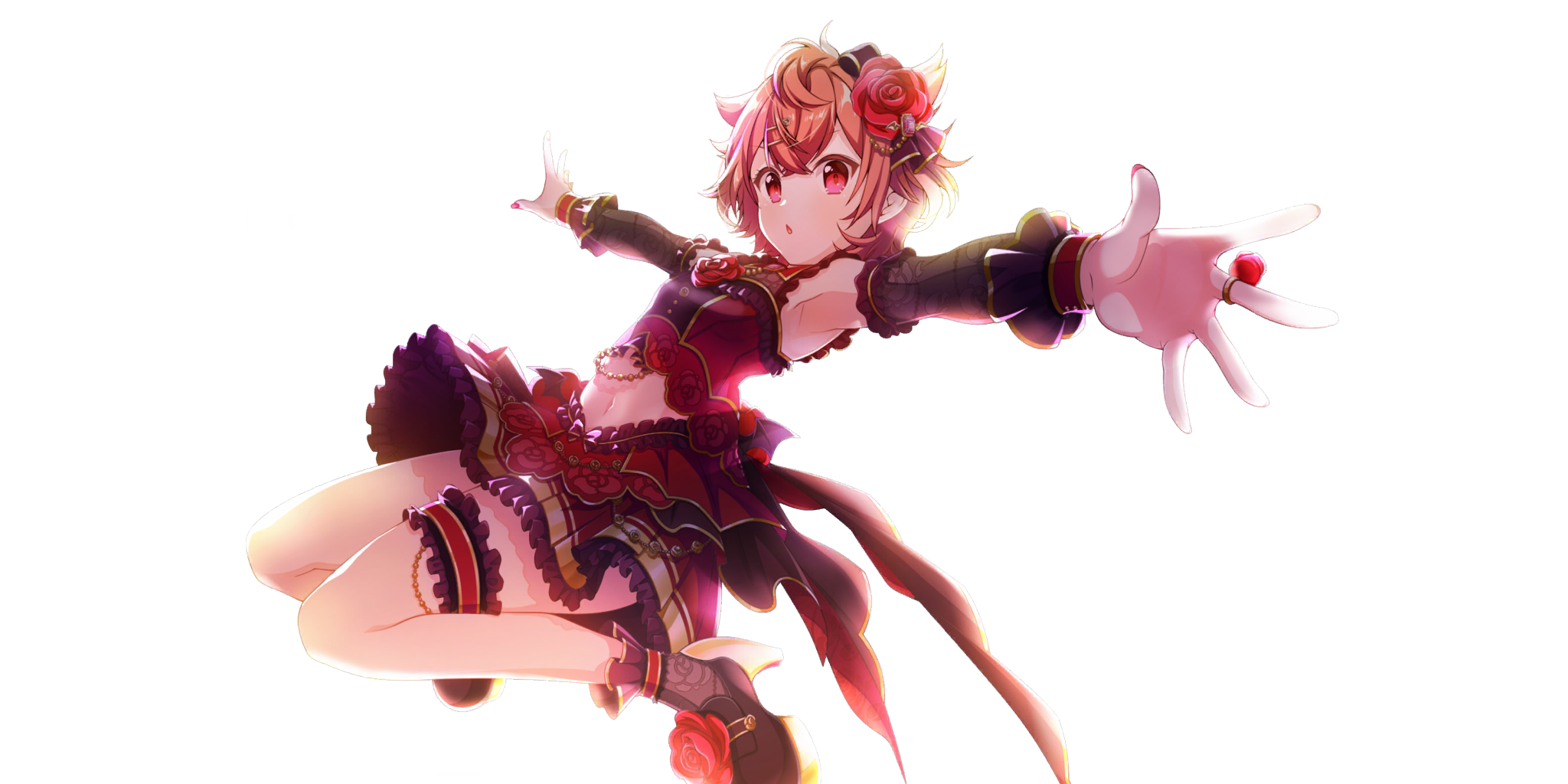 salsa (lapis re:lights), lapis re:lights, game cg, highres, official art, third-party source, 1girl, :o, armpits, black sleeves, black socks, bow, bow flower, clothing cutout, detached sleeves, double-parted bangs, dress, floral print, floral print dress, flower, foreshortening, frilled thigh strap, hair flaps, hair ornament, hairclip, jewelry, looking at viewer, messy hair, midair, navel, open mouth, orange hair, outstretched arms, platform heels, print dress, print socks, purple bow, red dress, red eyes, red flower, red rose, red skirt, ring, rose, rose print, short hair, sidelocks, simple background, skirt, sleeveless, sleeveless dress, socks, solo, spread arms, stomach cutout, thigh strap, transparent background