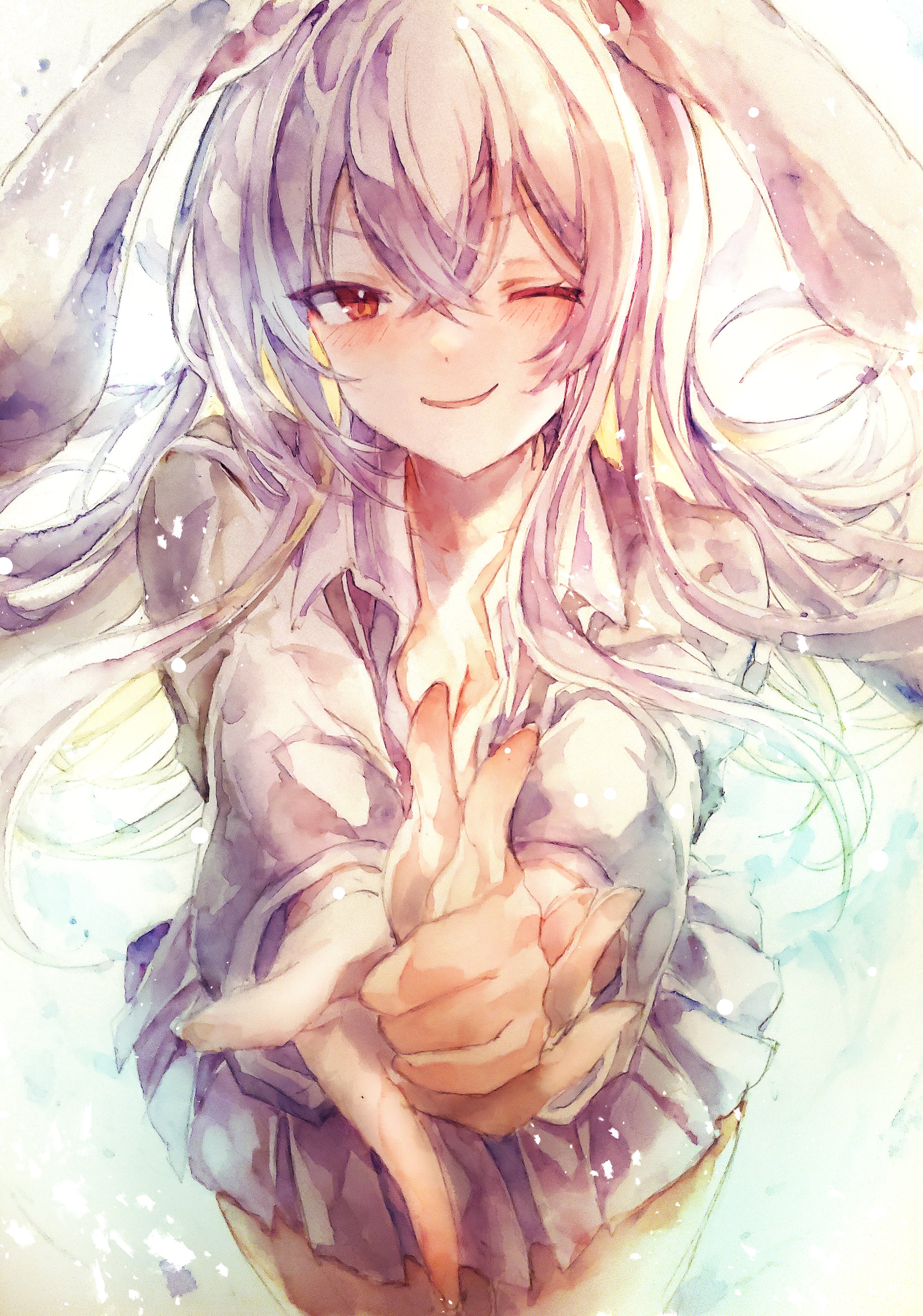 kamu kotan, reisen udongein inaba, touhou, absurdres, commentary, highres, painting (medium), traditional media, watercolor (medium), 1girl, animal ears, breasts, cleavage, collarbone, finger gun, hair between eyes, jacket, long hair, looking at viewer, one eye closed, parted lips, pink skirt, purple hair, rabbit ears, rabbit girl, red eyes, shirt, skirt, smile, solo, thighs, white shirt