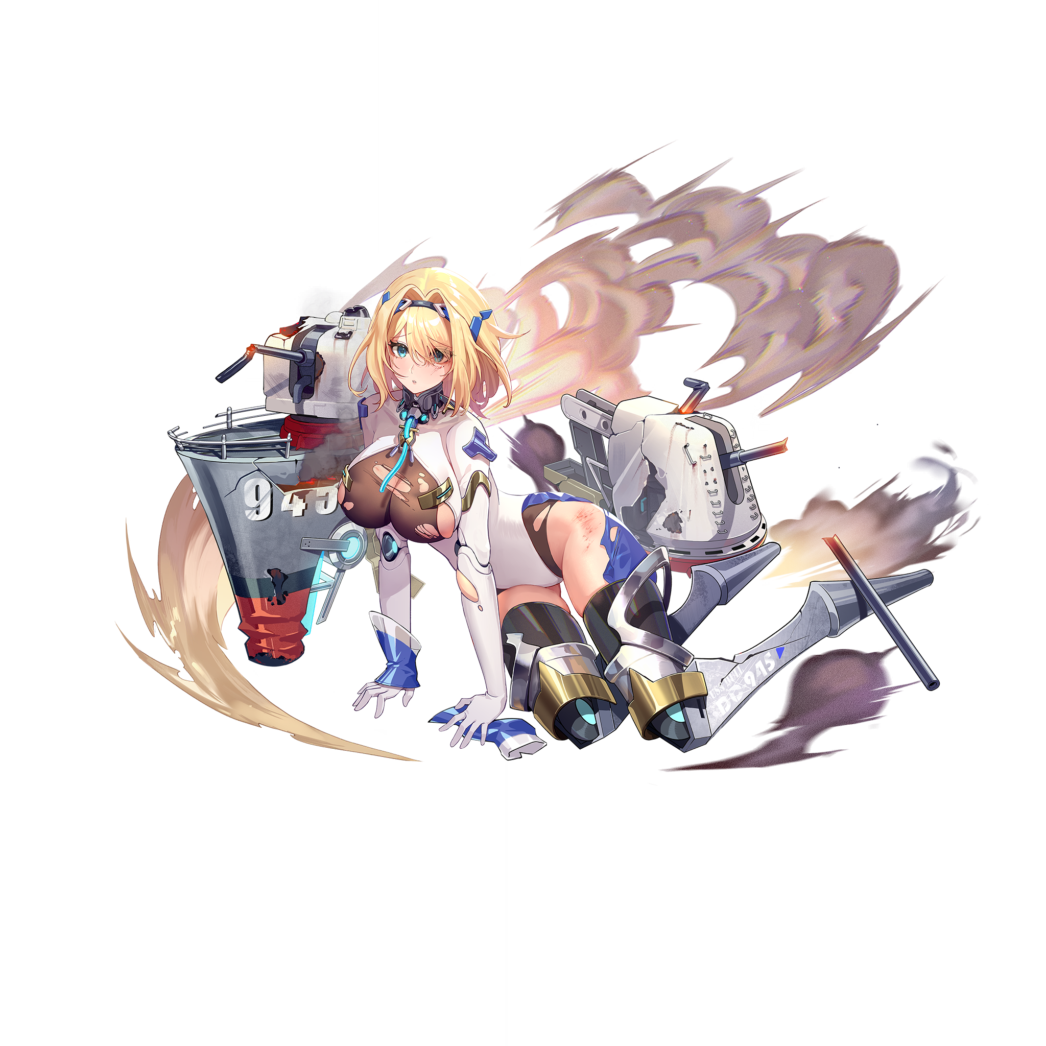 warship girls r, artist request, highres, official art, 1girl, all fours, aqua eyes, black leotard, black thighhighs, blonde hair, breast cutout, breasts, full body, hull (warship girls r), large breasts, leotard, long sleeves, looking at viewer, rigging, scrape, ship turret, smoke, thighhighs, torn clothes, torn leotard, transparent background, white leotard