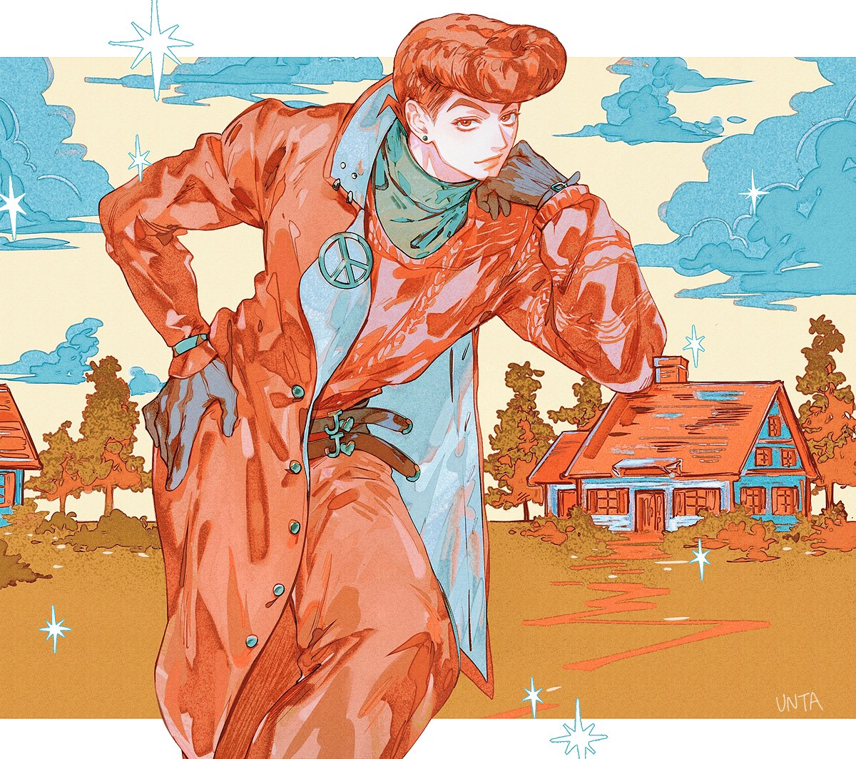 sues, higashikata josuke, diamond wa kudakenai, jojo no kimyou na bouken, 1boy, coat, earrings, gloves, hand on own hip, head rest, house, jewelry, long sleeves, looking at viewer, male focus, open clothes, open coat, orange coat, orange eyes, orange hair, orange pants, orange sweater, pants, peace symbol, pompadour, solo, sparkle, sweater, tree, turtleneck