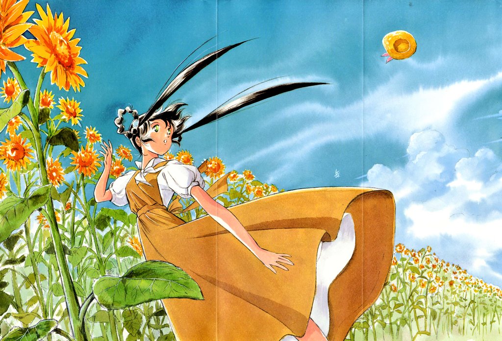 miyao gaku, mano youko, mamono hunter youko, official art, 1girl, braid, braided hair rings, cloud, dress, flower, hair rings, leotard, long hair, open mouth, retro artstyle, solo, standing, sunflower, twintails, wind