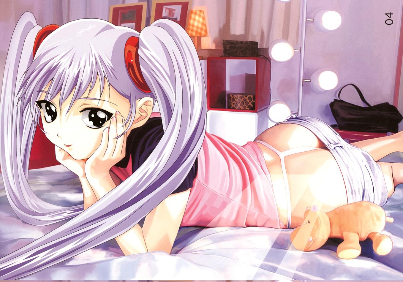 hoshino ruri, kidou senkan nadesico, jpeg artifacts, 1girl, ass, blue hair, female focus, g-string, lips, loli, lying, panties, solo, stuffed animal, stuffed toy, thong, twintails, underwear