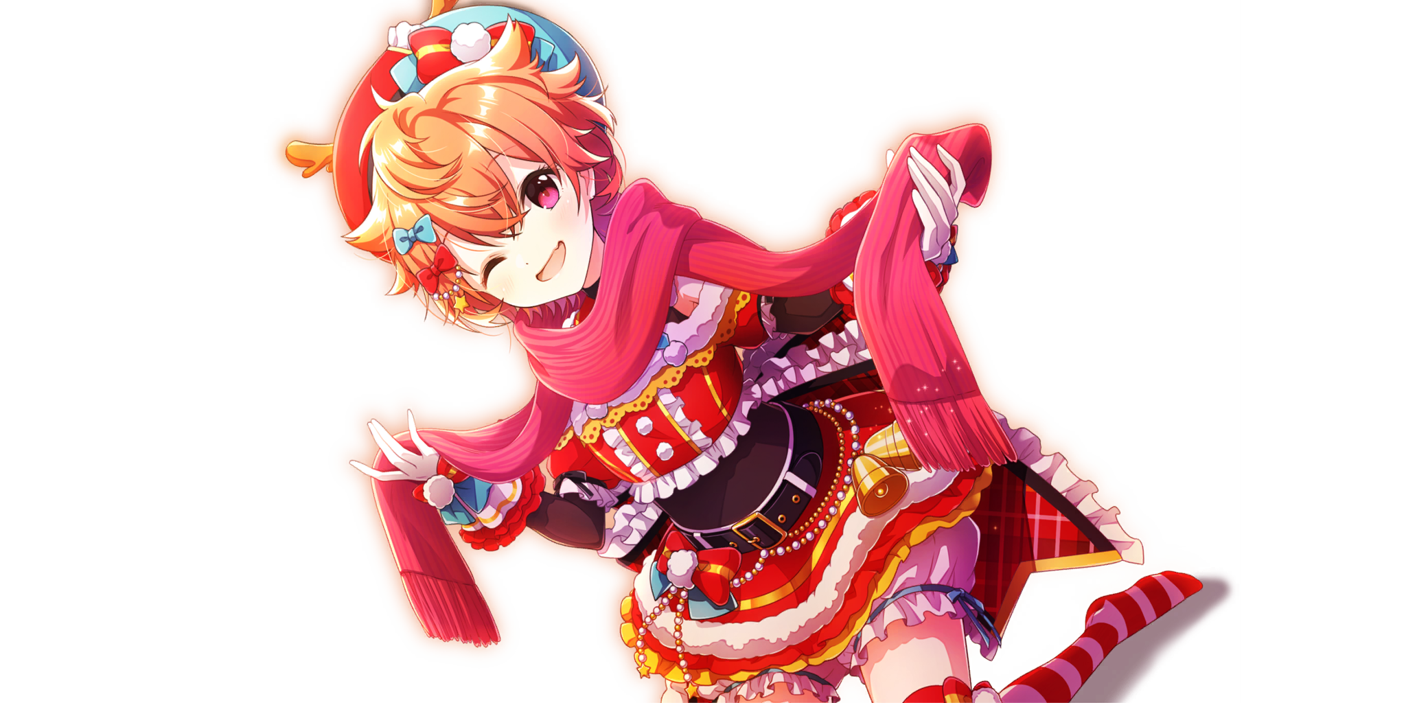 salsa (lapis re:lights), lapis re:lights, game cg, highres, official art, third-party source, 1girl, ;d, bell, belt, beret, black belt, bloomers, blue bow, blue hat, bow, bow legwear, christmas, dot nose, dress, dutch angle, fake antlers, fang, gloves, hair bow, hat, kneeling, looking at viewer, messy hair, no shoes, off-shoulder dress, off shoulder, one eye closed, open mouth, orange hair, pink socks, pom pom (clothes), red bow, red dress, red eyes, red hat, red scarf, red socks, scarf, shadow, short hair, simple background, skin fang, smile, socks, solo, transparent background, two-tone hat, underwear, white bloomers, white gloves