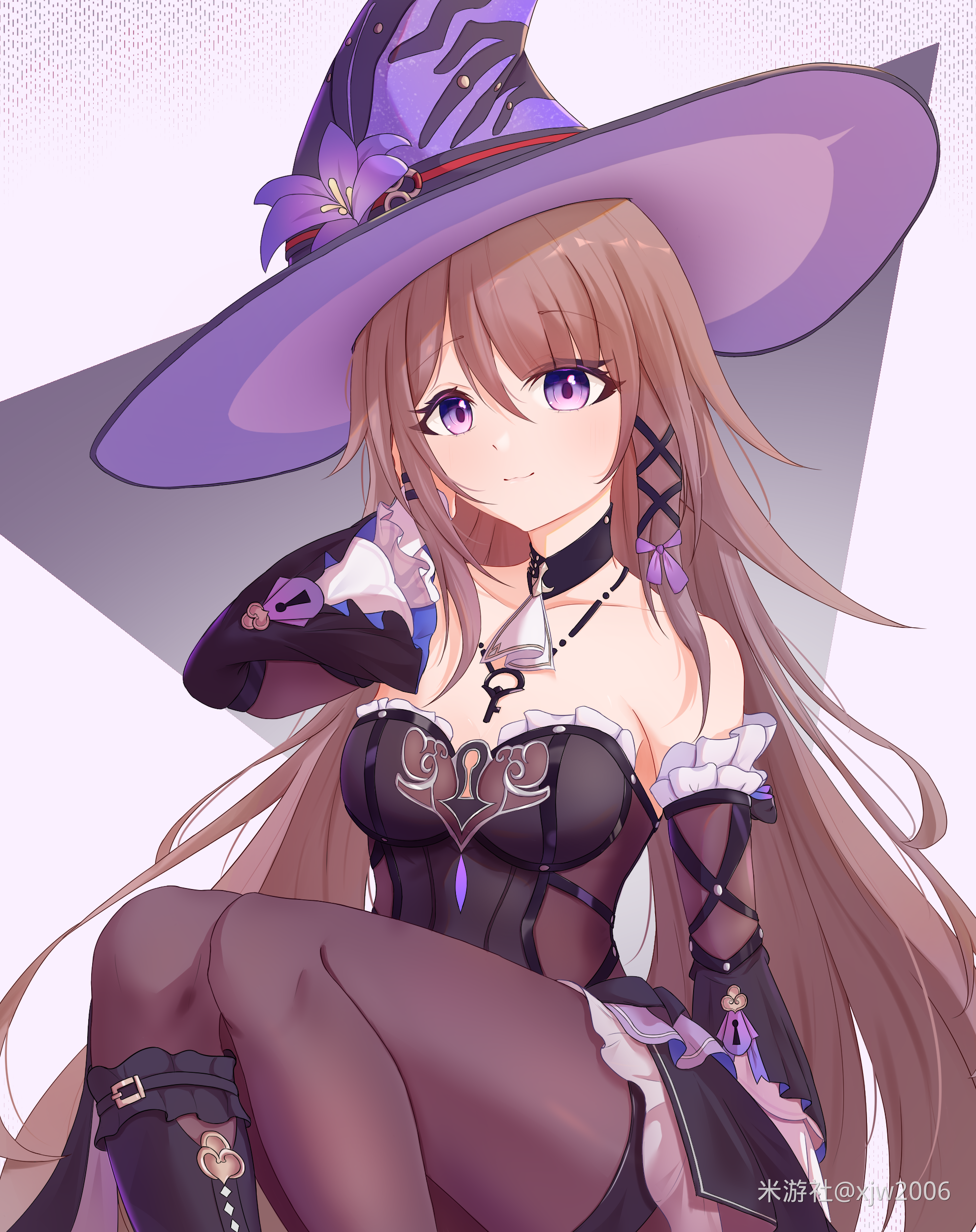 herta (honkai: star rail), the herta (honkai: star rail), honkai: star rail, honkai (series), absurdres, chinese commentary, commentary request, highres, 1girl, bare shoulders, black dress, black pantyhose, breasts, brown hair, detached sleeves, dress, hat, jewelry, key, key necklace, long hair, looking at viewer, miyoushe watermark, necklace, pantyhose, purple eyes, simple background, small breasts, smile, solo, very long hair, watermark, witch hat, xjw2006