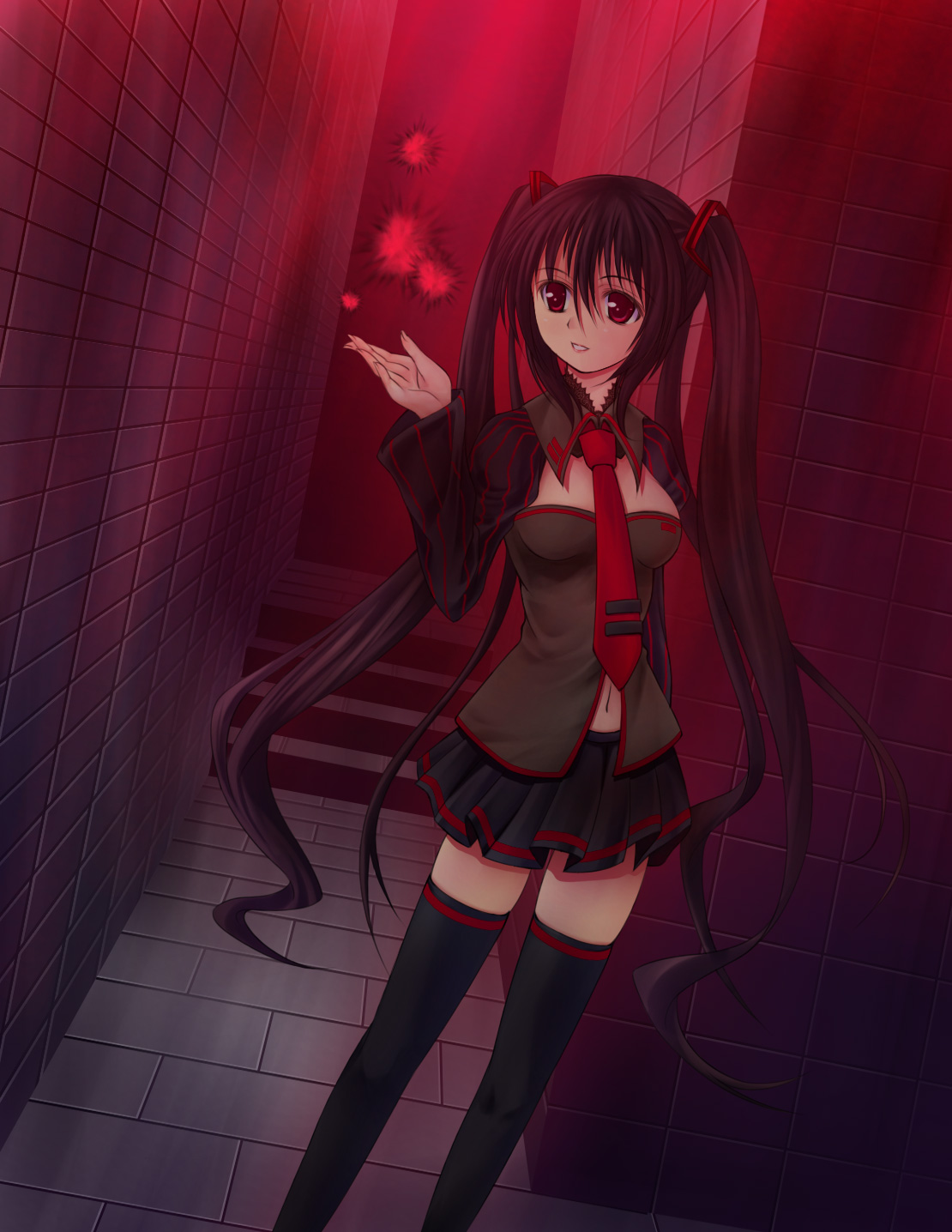 zatsune miku, vocaloid, bad id, bad pixiv id, highres, alternate color, black hair, long hair, navel, red eyes, solo, thighhighs, twintails