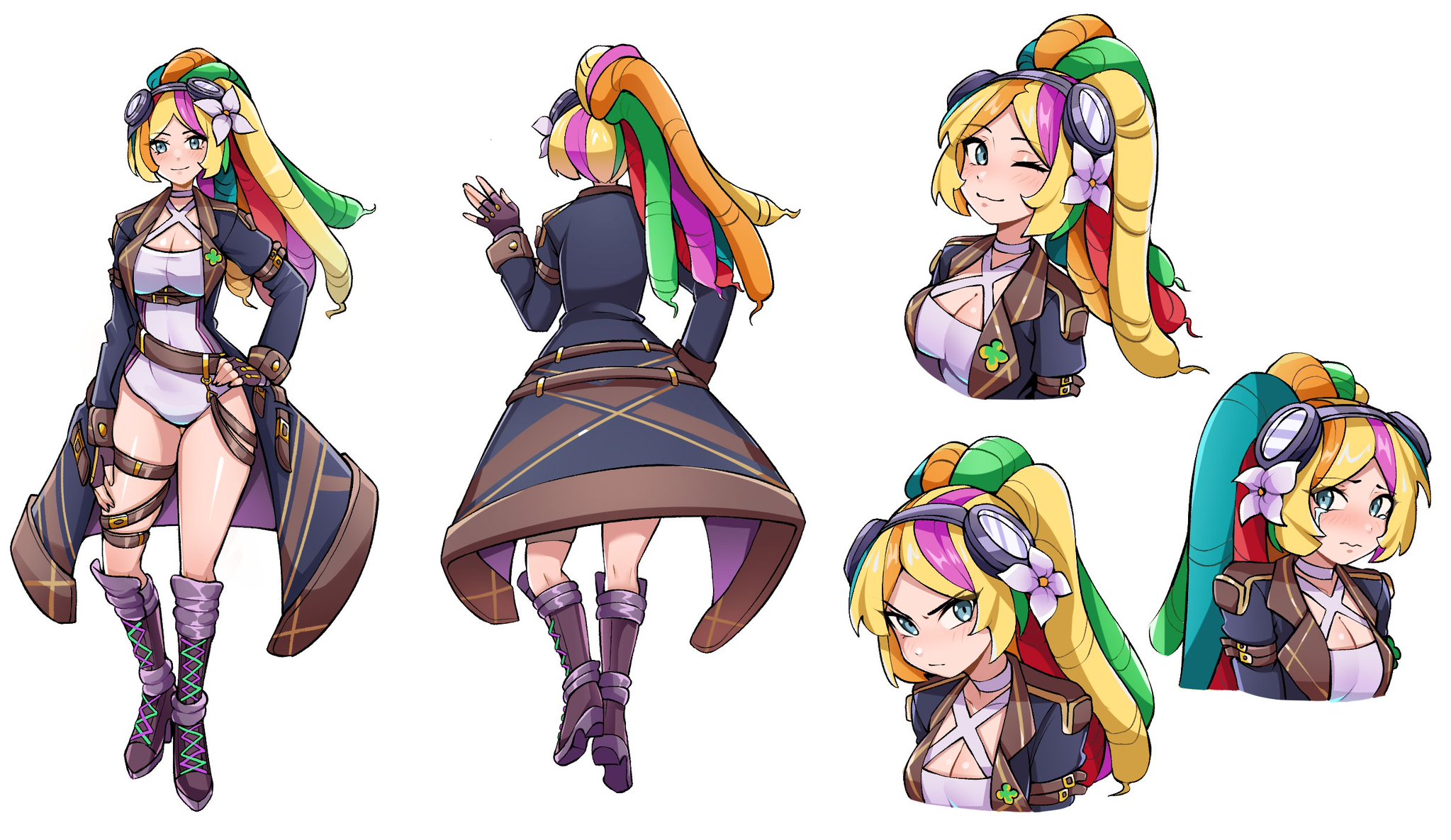 oninuer, original, commentary, commission, english commentary, highres, 1girl, blonde hair, blue eyes, boots, breasts, brown coat, cleavage, closed mouth, coat, crying, crying with eyes open, fingerless gloves, flower, full body, gloves, hair flower, hair ornament, knee boots, large breasts, long hair, long sleeves, looking at viewer, multicolored hair, multiple views, one-piece swimsuit, one eye closed, open clothes, open coat, orange streaks, parted bangs, pink streaks, purple boots, purple gloves, reference sheet, simple background, smile, streaked hair, swimsuit, tears, white background, white one-piece swimsuit