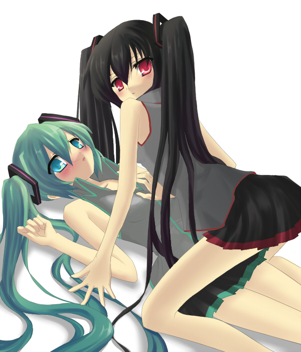 hatsune miku, zatsune miku, vocaloid, bad id, bad pixiv id, 2girls, black hair, blush, boots, green hair, long hair, multiple girls, red eyes, thigh boots, thighhighs, twintails, very long hair, yuri