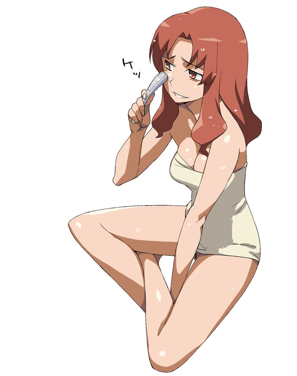 a1 (initial-g), koigakubo yuri, toradora!, looking away, long image, tall image, 00s, 1girl, arm support, bare legs, bare shoulders, barefoot, breasts, brown eyes, brown hair, cleavage, crossed legs, female focus, fingernails, full body, holding, indian style, legs, long hair, naked towel, no panties, outstretched arm, parted lips, simple background, sitting, smile, solo, thighs, towel, wet, wet hair, white background