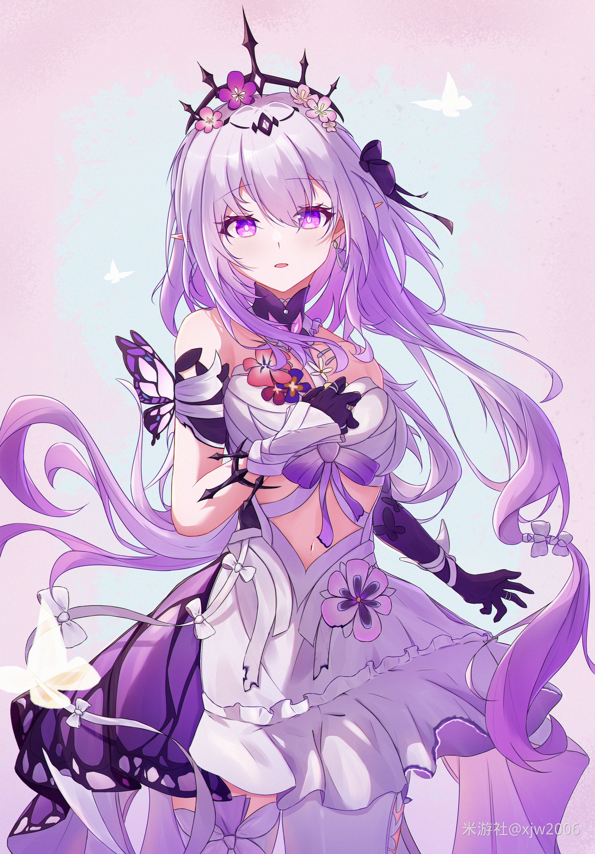 castorice (honkai: star rail), honkai: star rail, honkai (series), absurdres, chinese commentary, commentary request, highres, 1girl, asymmetrical gloves, bare shoulders, black tiara, breasts, dress, elbow gloves, flower, gloves, hair flower, hair ornament, medium breasts, mismatched gloves, miyoushe watermark, pointy ears, purple eyes, purple gloves, simple background, solo, thighhighs, tiara, watermark, white dress, white thighhighs, xjw2006