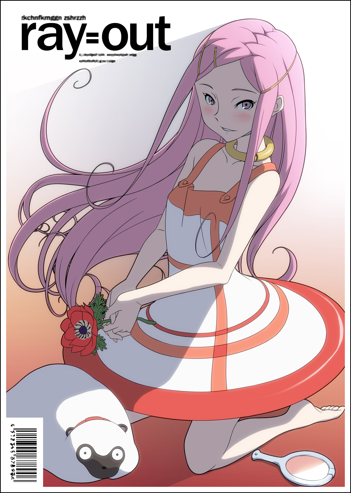 fugetsu taku, anemone (eureka seven), gulliver (eureka seven), eureka seven, eureka seven (series), highres, 00s, 1girl, barcode, barefoot, blush, collar, cover, female focus, flower, long hair, mirror, pink eyes, pink hair, ray=out, solo