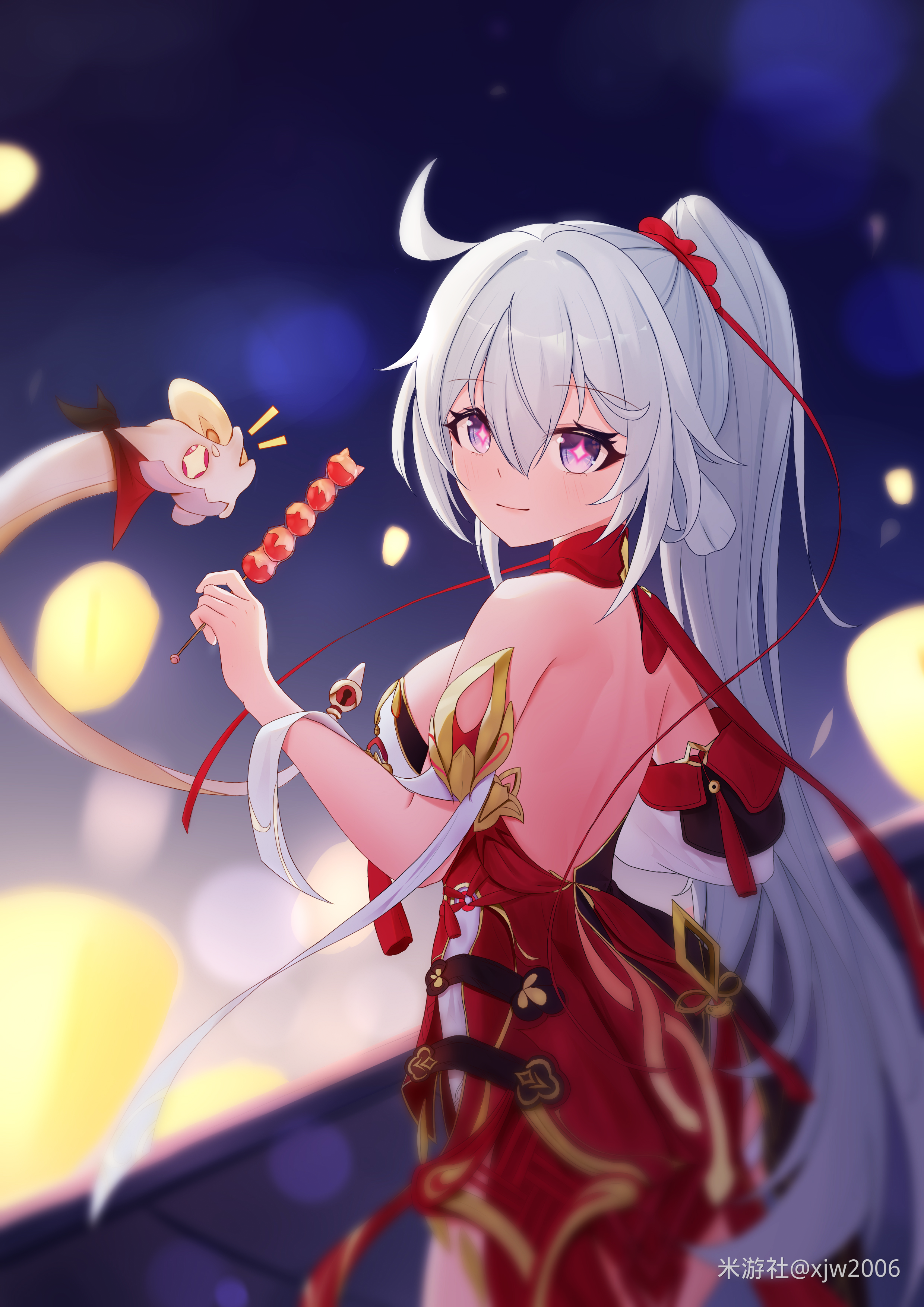 kiana kaslana, kiana kaslana (ba-dum! fiery wishing star), honkai (series), honkai impact 3rd, absurdres, chinese commentary, commentary request, highres, 1girl, ahoge, back, backless dress, backless outfit, blue eyes, breasts, brochette, dress, food, holding, holding food, lantern, long hair, looking at viewer, medium breasts, miyoushe watermark, night, night sky, outdoors, paper lantern, ponytail, red dress, rice cake (honkai impact), sky, sky lantern, smile, snake, star-shaped pupils, star (symbol), symbol-shaped pupils, very long hair, watermark, white hair, xjw2006