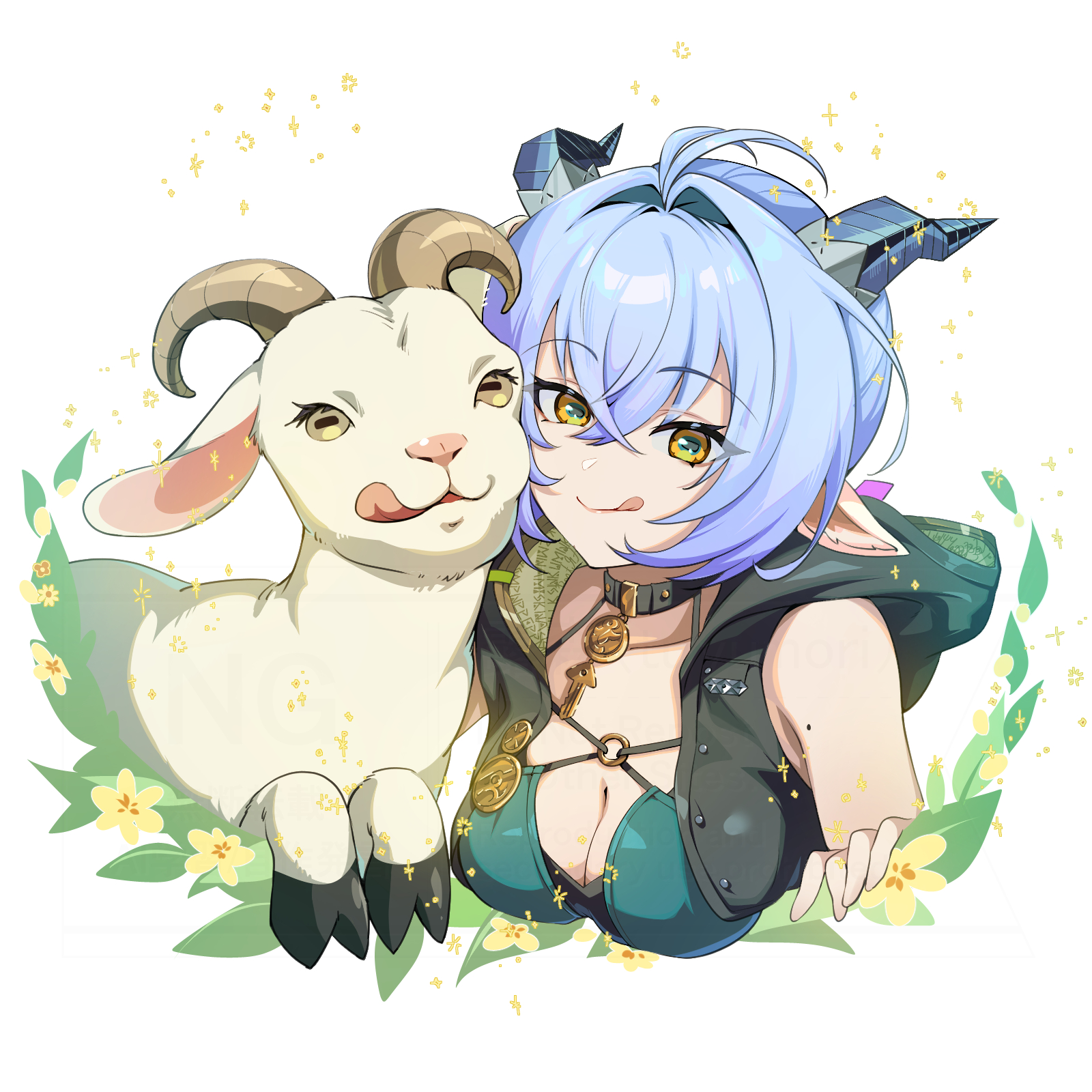 tuyumori kaoru (alilybell1241), lucia elowen, zenless zone zero, commentary request, highres, 1girl, :q, antenna hair, blue hair, breasts, choker, cleavage, flower, goat, goat girl, goat horns, hair between eyes, hood, hood down, horns, looking at viewer, mole, mole on shoulder, o-ring, o-ring top, pointy ears, simple background, smile, tongue, tongue out, white background, yellow eyes, yellow flower