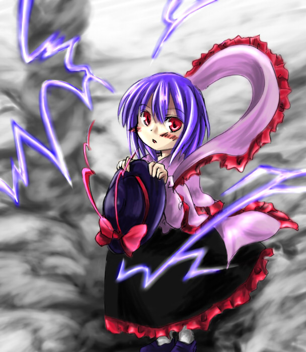 aratsuki, aratsuki (chaingg), nagae iku, touhou, bad id, bad pixiv id, 1girl, blue hair, blush, female focus, frills, hat, lightning, red eyes, scarf, shawl, short hair, solo