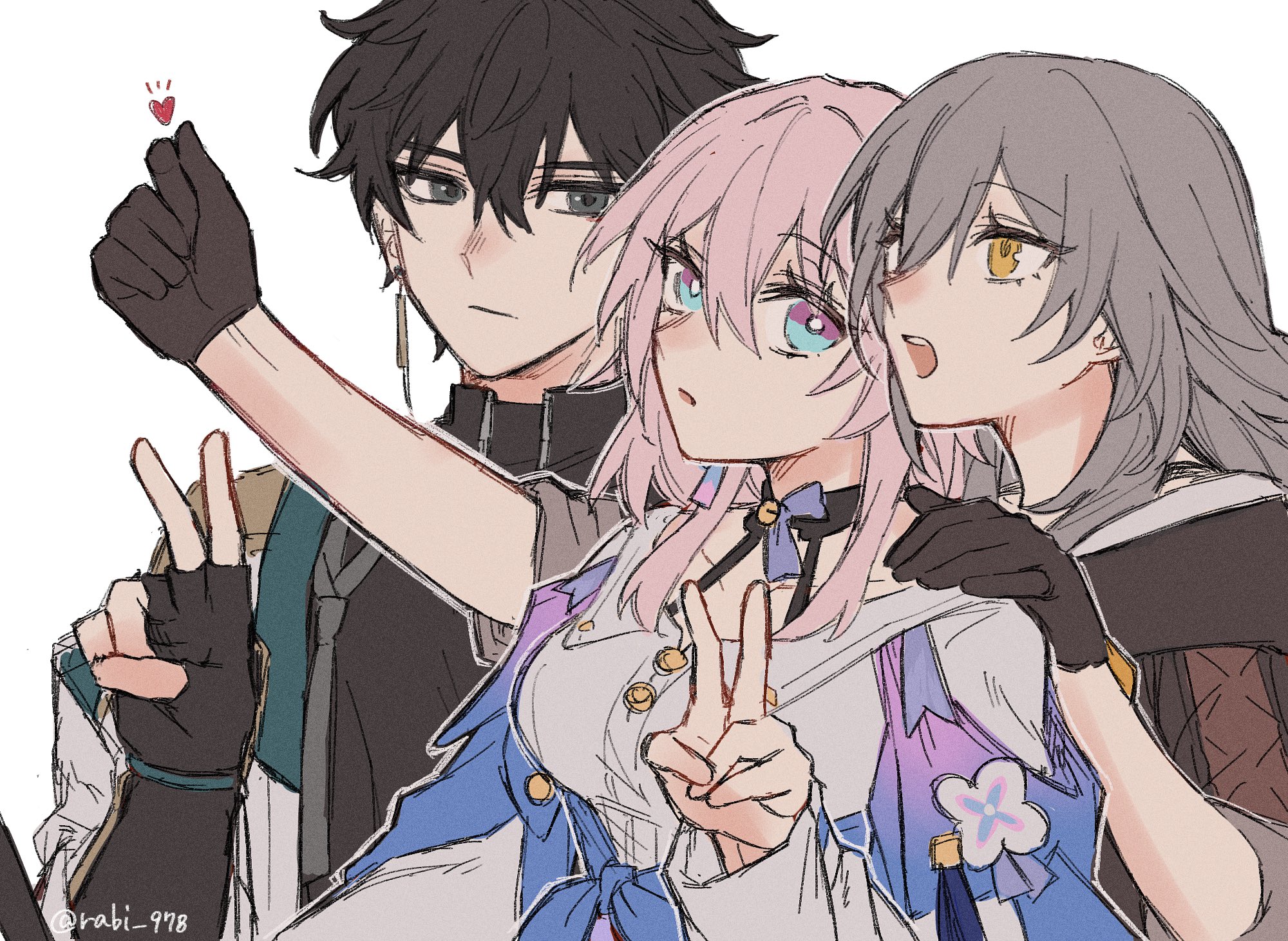 dan heng (honkai: star rail), march 7th (honkai: star rail), march 7th (preservation) (honkai: star rail), stelle (honkai: star rail), trailblazer (honkai: star rail), honkai: star rail, honkai (series), commentary, highres, symbol-only commentary, 1boy, 2girls, black choker, black eyes, black gloves, black hair, black shirt, blue eyes, breasts, choker, closed mouth, earrings, finger heart, fingerless gloves, gloves, grey hair, hair between eyes, hand on another's shoulder, hand up, jacket, jewelry, long hair, long sleeves, looking at another, medium breasts, multicolored eyes, multiple girls, open clothes, open jacket, parted lips, pink eyes, pink hair, portrait, rabi 978, shirt, short hair, simple background, single earring, teeth, twitter username, two-tone eyes, upper teeth only, v, white background, white jacket, white shirt, yellow eyes