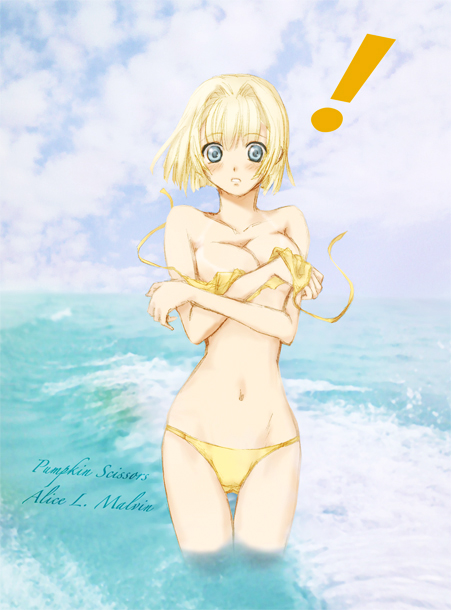 keikou midori, alice l. malvin, pumpkin scissors, !, 00s, 1girl, bare shoulders, bikini, blonde hair, blue eyes, blush, bob cut, breasts, character name, cleavage, cloud, copyright name, day, embarrassed, female focus, large breasts, ocean, outdoors, short hair, sky, solo, swimsuit, wading, wardrobe malfunction, water, yellow bikini