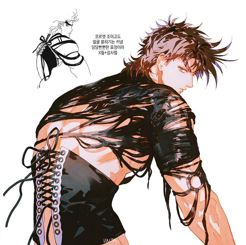sues, joseph joestar, joseph joestar (young), battle tendency, jojo no kimyou na bouken, 1boy, black corset, black shirt, brown hair, corset, cross-laced clothes, cross-laced corset, from behind, korean text, looking at viewer, male focus, reference inset, shirt, solo, spiked hair, torn clothes, torn shirt