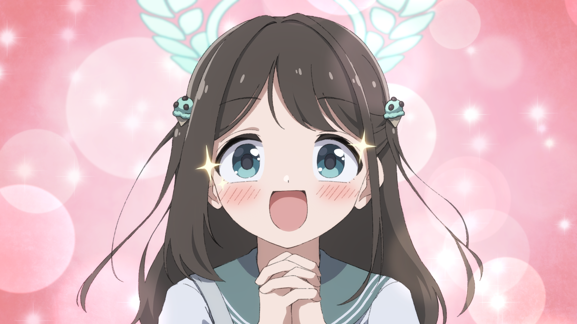 unadon (unadoom), airi (blue archive), blue archive, highres, 1girl, :d, blue eyes, blush, brown hair, food-themed hair ornament, green sailor collar, hair ornament, halo, ice cream hair ornament, interlocked fingers, long hair, looking at viewer, open mouth, own hands clasped, own hands together, pink background, sailor collar, shirt, smile, solo, upper body, white shirt