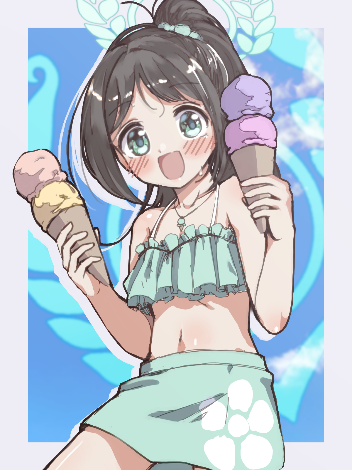 unadon (unadoom), airi (blue archive), blue archive, highres, 1girl, :d, alternate costume, alternate hairstyle, bare shoulders, bikini, black hair, blush, food, green bikini, green eyes, halo, holding, holding food, ice cream, ice cream cone, long hair, looking at viewer, multiple scoops, navel, open mouth, ponytail, smile, solo, sweat, swimsuit