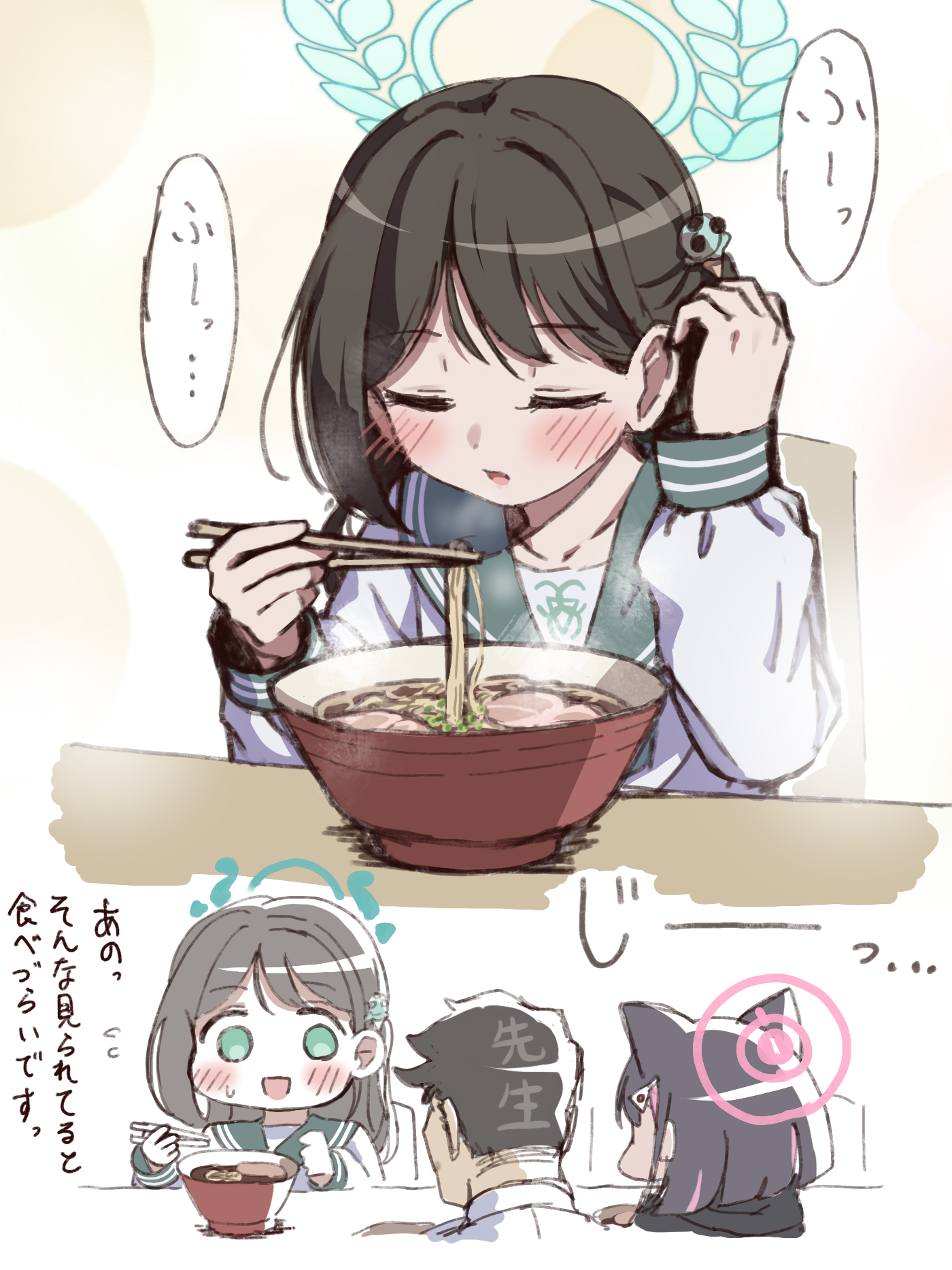 unadon (unadoom), airi (blue archive), kazusa (blue archive), sensei (blue archive), blue archive, highres, translation request, 1boy, 2girls, animal ears, black hair, black jacket, blush, bowl, cat ears, chibi, chopsticks, closed eyes, flying sweatdrops, food, food-themed hair ornament, green sailor collar, hair behind ear, hair ornament, hairclip, halo, holding, holding chopsticks, hood, hood down, hooded jacket, ice cream hair ornament, jacket, long hair, long sleeves, multicolored hair, multiple girls, noodles, parted lips, pink hair, puffy long sleeves, puffy sleeves, ramen, sailor collar, school uniform, serafuku, shirt, streaked hair, tucking hair, white shirt