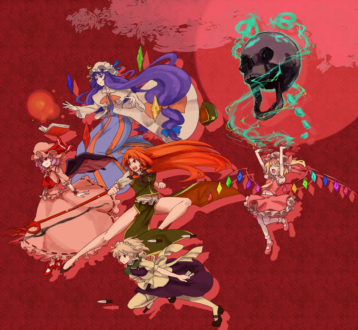 shibasaki shouji, flandre scarlet, hong meiling, izayoi sakuya, patchouli knowledge, remilia scarlet, embodiment of scarlet devil, touhou, silver hair, bad id, bad pixiv id, 5girls, bat wings, between fingers, blonde hair, blue hair, female focus, hairband, hat, holding, knife, multiple girls, purple hair, red eyes, red hair, ribbon, throwing knife, weapon, wings