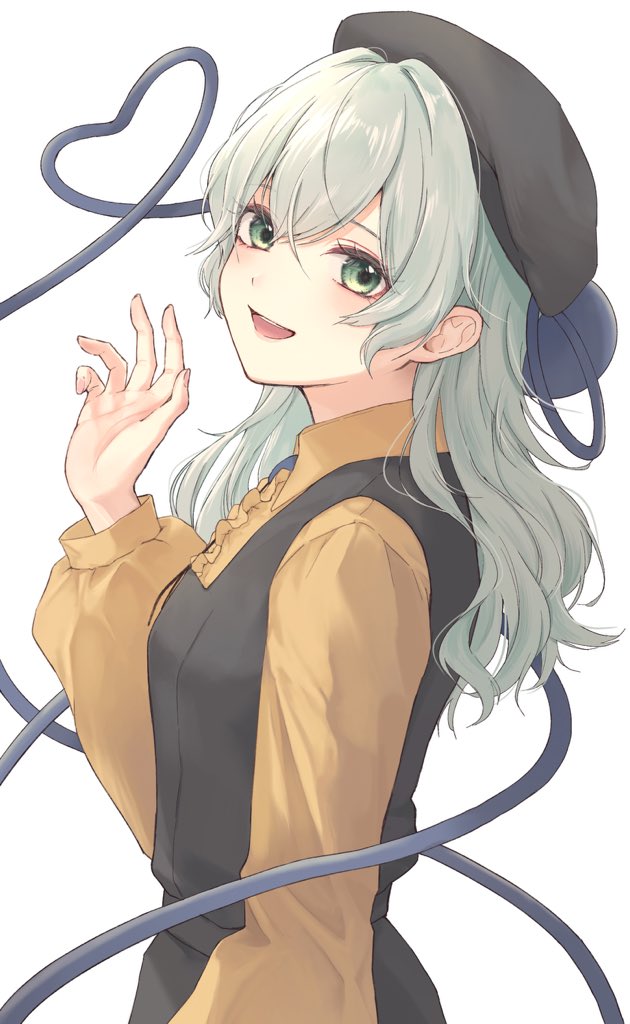 oshamu, komeiji koishi, touhou, commentary, 1girl, alternate costume, beret, black skirt, black vest, from side, green eyes, green hair, hair between eyes, hand up, hat, long hair, long sleeves, looking at viewer, parted lips, shirt, skirt, smile, solo, teeth, third eye, upper body, upper teeth only, vest, white background, yellow shirt