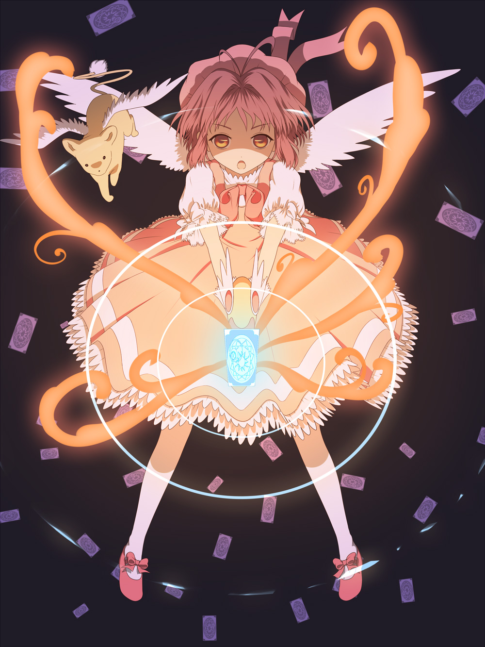 urue, clow card, kero (cardcaptor sakura), kinomoto sakura, kinomoto sakura (magician), cardcaptor sakura, highres, 1990s (style), 1girl, brown hair, child, dress, female focus, fuuin no tsue, hat, magical girl, pink hat, retro artstyle, ribbon, short hair, solo, wings