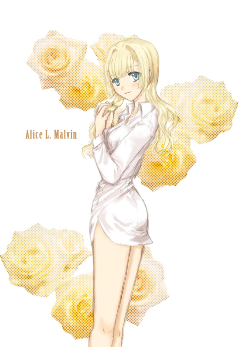 keikou midori, alice l. malvin, pumpkin scissors, 00s, alternate hairstyle, blonde hair, blue eyes, blush, bob cut, bottomless, dress shirt, flower, long hair, looking back, rose, shirt, solo, standing