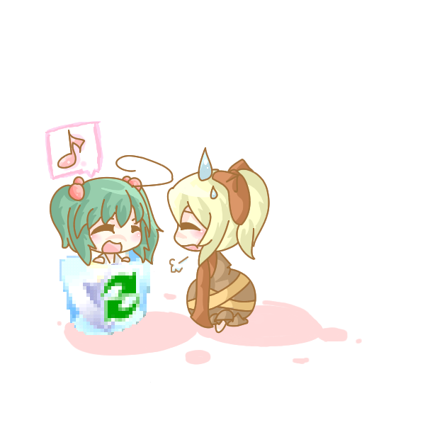 doromizu, kisume, kurodani yamame, touhou, bad id, bad pixiv id, 2girls, chibi, female focus, full body, multiple girls, musical note, parody, recycle bin, sigh, simple background, sitting, snort, spoken musical note, sweatdrop, twintails, white background