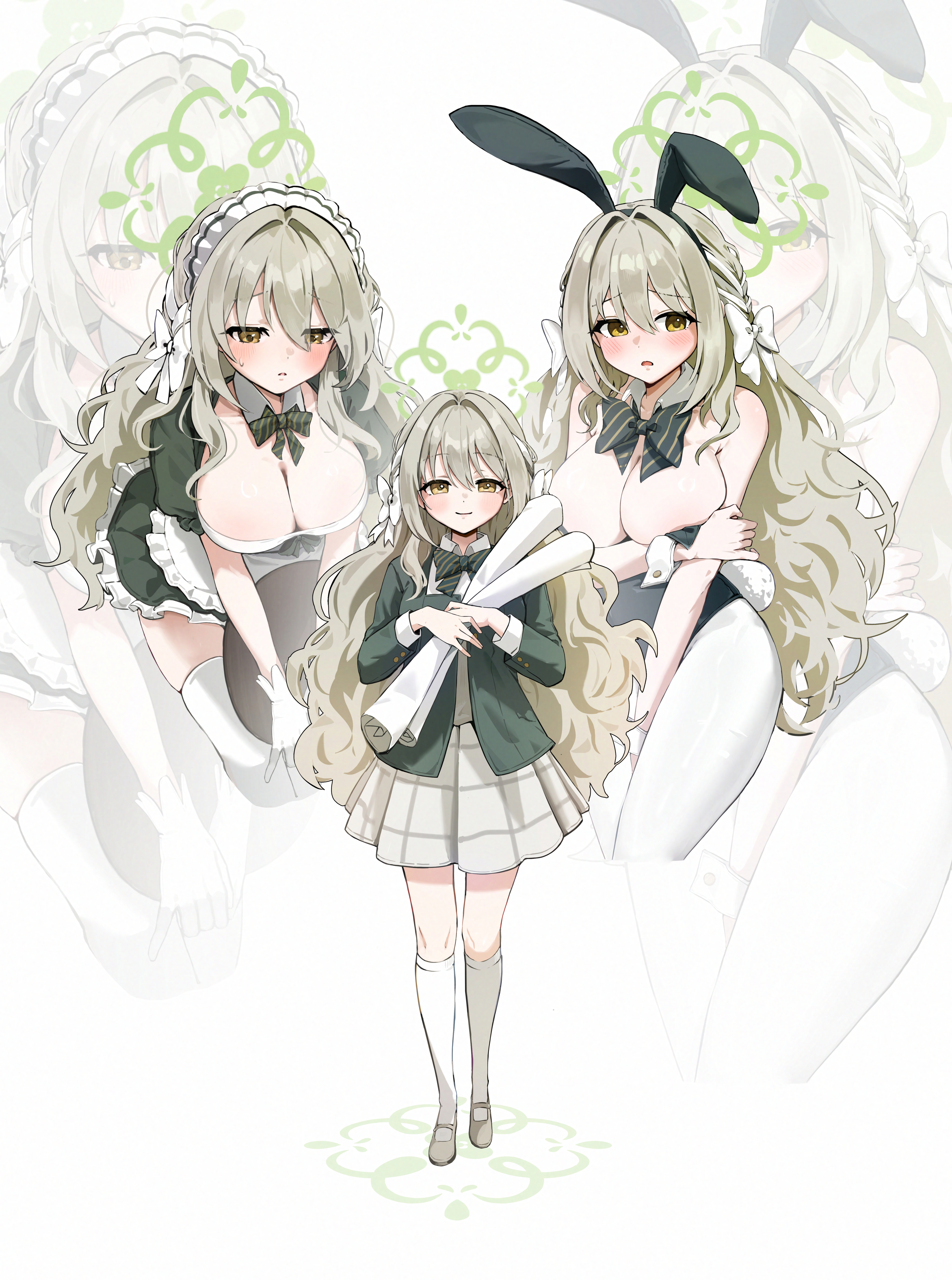 ham (hamparty), miyo (blue archive), blue archive, absurdres, highres, 1girl, alternate costume, animal ear hairband, animal ears, apron, blonde hair, bow, bowtie, braid, breasts, brown eyes, brown hair, choppy bangs, detached collar, diagonal-striped bow, diagonal-striped bowtie, diagonal-striped clothes, dress, enmaided, fake animal ears, fake tail, flower halo, frilled apron, frilled dress, frills, gloves, green bow, green bowtie, green dress, green halo, grey hair, grey skirt, hair between eyes, hair bow, hair ribbon, hairband, halo, highleg, highleg leotard, large breasts, leaning forward, leotard, long hair, long sleeves, maid, maid apron, maid headdress, miniskirt, pantyhose, plaid clothes, plaid skirt, playboy bunny, puffy short sleeves, puffy sleeves, rabbit ear hairband, rabbit ears, rabbit tail, ribbon, ribbon braid, shirt, short dress, short sleeves, skirt, smile, socks, strapless, strapless leotard, striped bow, striped bowtie, striped clothes, tail, thighhighs, very long hair, waist apron, white apron, white bow, white gloves, white pantyhose, white shirt, white socks, white thighhighs, white wrist cuffs, wrist cuffs, zoom layer