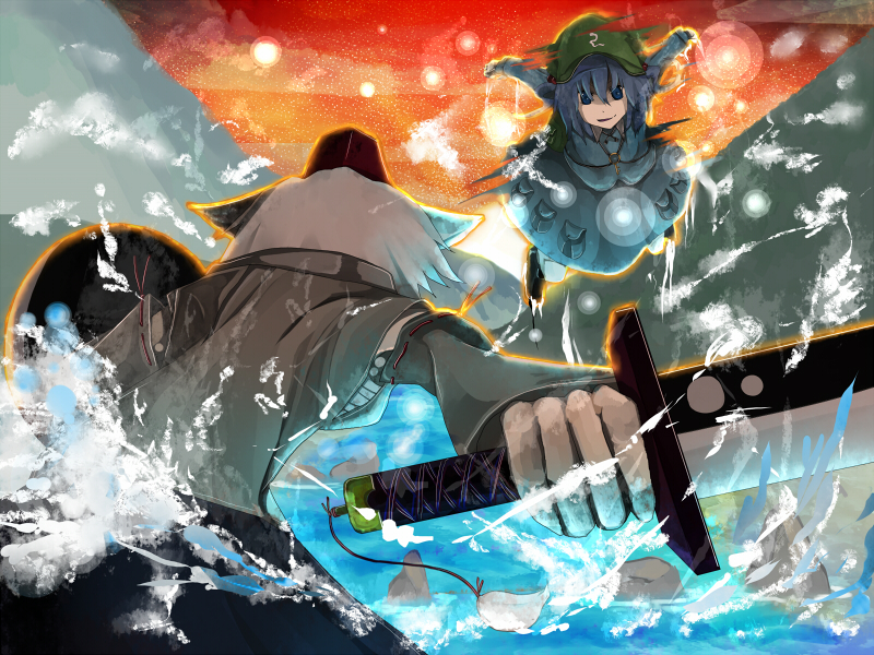 tokoroten (hmmuk), inubashiri momiji, kawashiro nitori, touhou, silver hair, bad id, bad pixiv id, 2girls, animal ears, battle, blue hair, female focus, from behind, hat, multiple girls, shield, showdown, sword, weapon