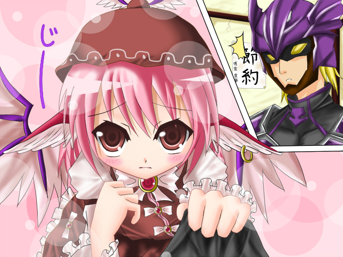 madoushi s, cain highwind, mystia lorelei, ryu-san, final fantasy, final fantasy iv, final fantasy xi, the iron of yin and yang, touhou, grabbing, 00s, 1990s (style), animal ears, blush, brown eyes, crossover, earrings, hat, jewelry, looking up, pink hair, short hair, wings