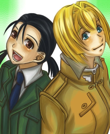 x0000x, alice l. malvin, lili stecchin, pumpkin scissors, lowres, 00s, 2girls, back-to-back, black hair, blonde hair, blue eyes, blush, bob cut, brown eyes, close-up, hair intakes, jacket, military, military uniform, multiple girls, necktie, short hair, short twintails, smile, twintails
