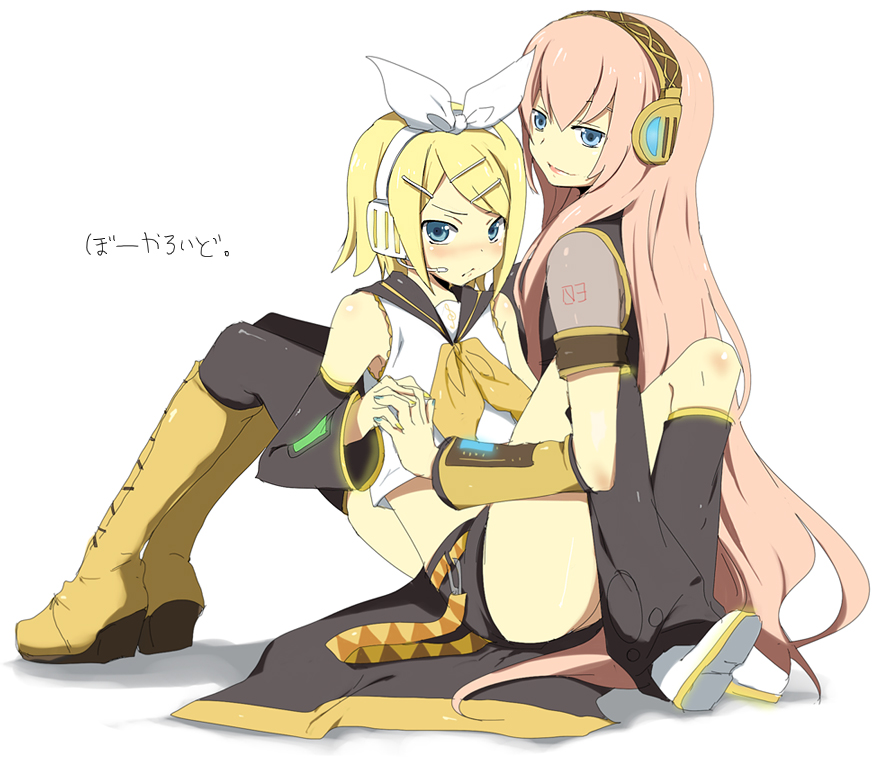 kl (dgzonbi), kagamine rin, megurine luka, vocaloid, black legwear, 2girls, :/, age difference, blonde hair, blue eyes, blue nails, blush, boots, breasts, child, couple, detached sleeves, female focus, flat chest, hair ornament, hair ribbon, hairclip, headphones, headset, holding hands, leg warmers, long hair, looking back, multiple girls, musical note, nail polish, onee-loli, pink hair, ribbon, sailor collar, short hair, short shorts, shorts, simple background, sitting, smile, thighhighs, yellow nails, yuri
