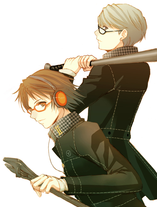 seiru (prairie), hanamura yousuke, narukami yu, atlus, persona, persona 4, 2boys, baseball bat, glasses, headphones, male focus, multiple boys, school uniform, wrench