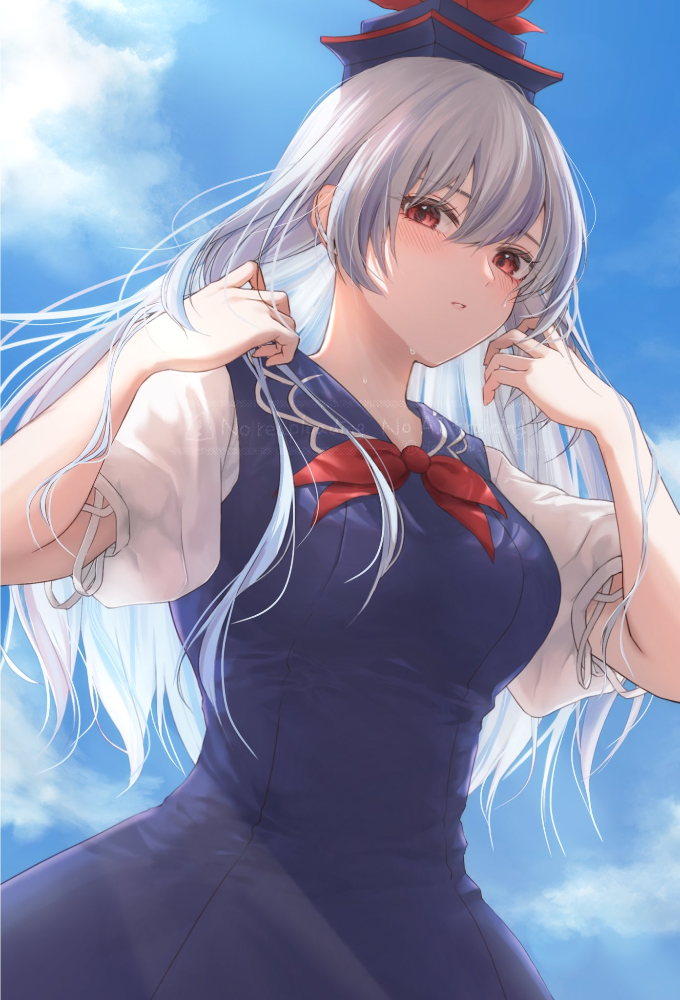 oshamu, kamishirasawa keine, touhou, commentary, highres, 1girl, blue dress, blue sky, blush, breasts, cloud, dress, expressionless, from below, grey hair, hair between eyes, hat, long hair, looking at viewer, medium breasts, parted lips, red eyes, shirt, short sleeves, sky, solo, teeth, upper body, white shirt