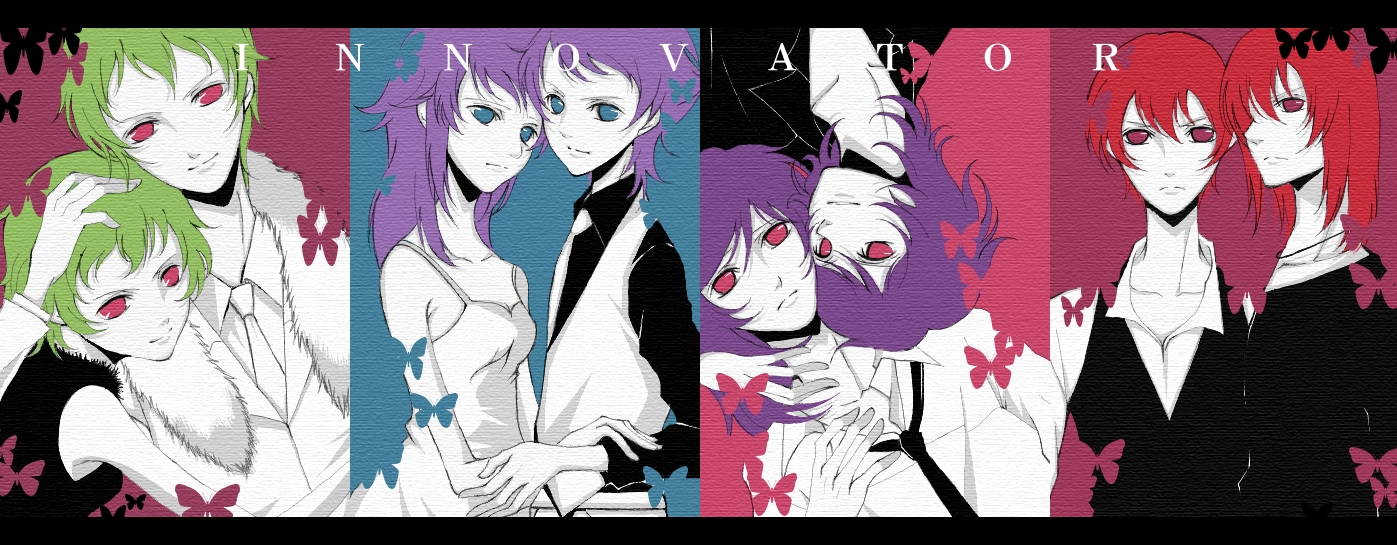 aya (pixiv262840), anew returner, bring stabity, divine nova, hilling care, regene regetta, revive revival, ribbons almark, tieria erde, gundam, gundam 00, bad id, bad pixiv id, 00s, 2girls, 6+boys, blue eyes, formal clothes, green hair, holding, innovators (gundam 00), multiple boys, multiple girls, purple hair, red eyes, red hair