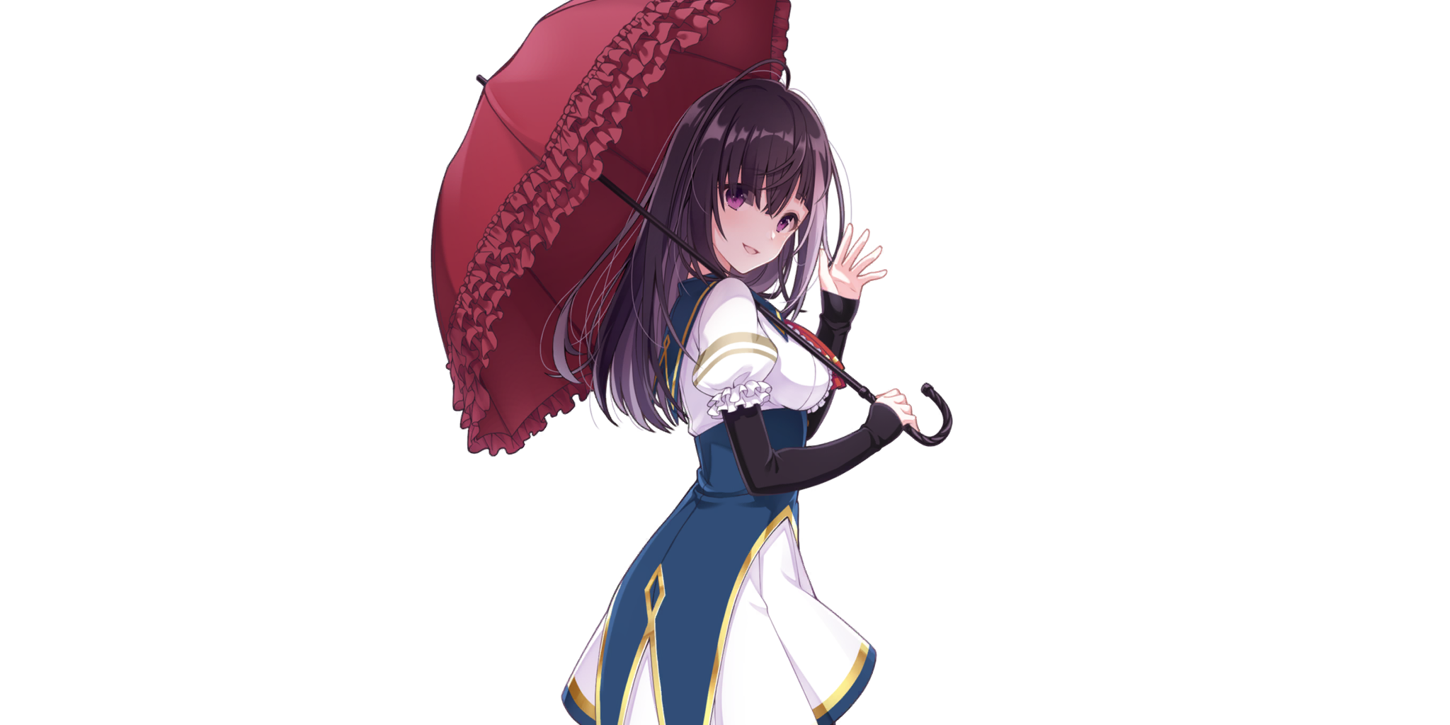 garnet (lapis re:lights), lapis re:lights, game cg, highres, official art, third-party source, 1girl, ahoge, black sleeves, blue corset, breasts, corset, cowboy shot, dress, frilled umbrella, frills, from side, holding, holding umbrella, long hair, looking at viewer, medium breasts, open mouth, parasol, puffy short sleeves, puffy sleeves, purple eyes, purple hair, red umbrella, school uniform, short sleeves, simple background, skirt, smile, solo, transparent background, umbrella, underbust, waving, white dress, white skirt