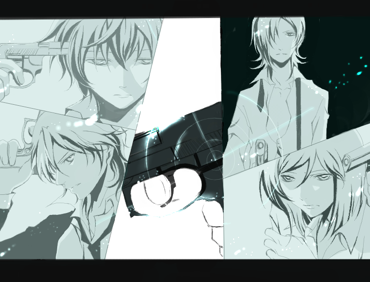 aya (pixiv262840), allelujah haptism, lockon stratos, setsuna f. seiei, tieria erde, gundam, gundam 00, bad id, bad pixiv id, 00s, 4boys, greyscale, gun, male focus, monochrome, multiple boys, weapon