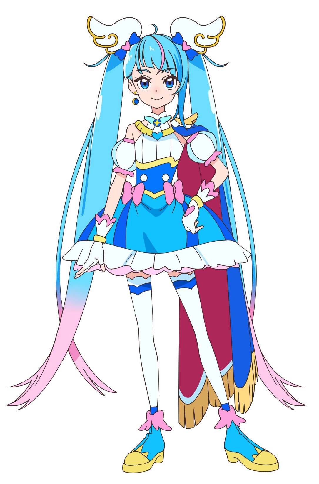 cure sky, sora harewataru, hirogaru sky! precure, precure, highres, official art, second-party source, 1girl, blue boots, blue bow, blue eyes, blue hair, blue skirt, boots, bow, cape, detached sleeves, fingerless gloves, full body, gloves, gradient hair, hair bow, hair ornament, heart, long hair, looking at viewer, magical girl, multicolored hair, pink bow, puffy detached sleeves, puffy sleeves, shirt, simple background, skirt, sleeveless, sleeveless shirt, smile, solo, standing, streaked hair, tachi-e, thighhighs, twintails, two-sided cape, two-sided fabric, very long hair, white background, white gloves, white shirt, white thighhighs, wing hair ornament