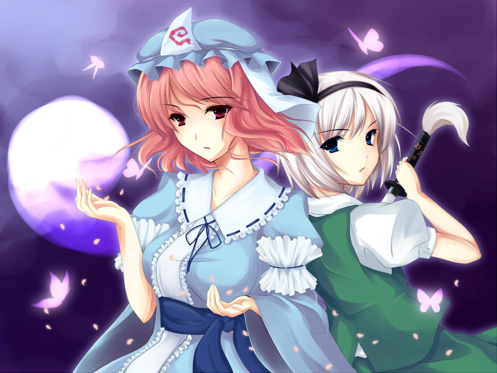 lasa, lasa (2percent), konpaku youmu, konpaku youmu (ghost), saigyouji yuyuko, touhou, bad id, bad pixiv id, 2girls, blue eyes, female focus, hat, hitodama, multiple girls, pink hair, red eyes