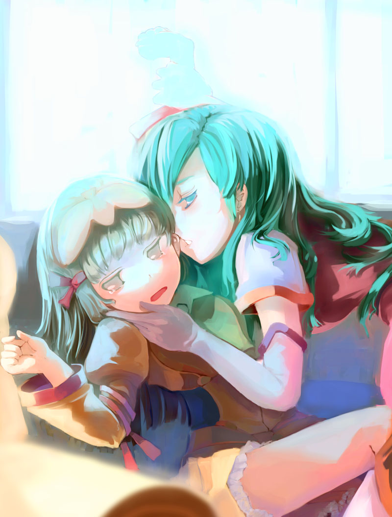 ame jion zero, ameru.miro, kotona elegance, re mii, zoids, zoids genesis, bad id, bad pixiv id, 00s, 2girls, aqua hair, blue eyes, blue hair, brown eyes, brown hair, elbow gloves, gloves, long hair, multiple girls, tears, thighhighs, yuri