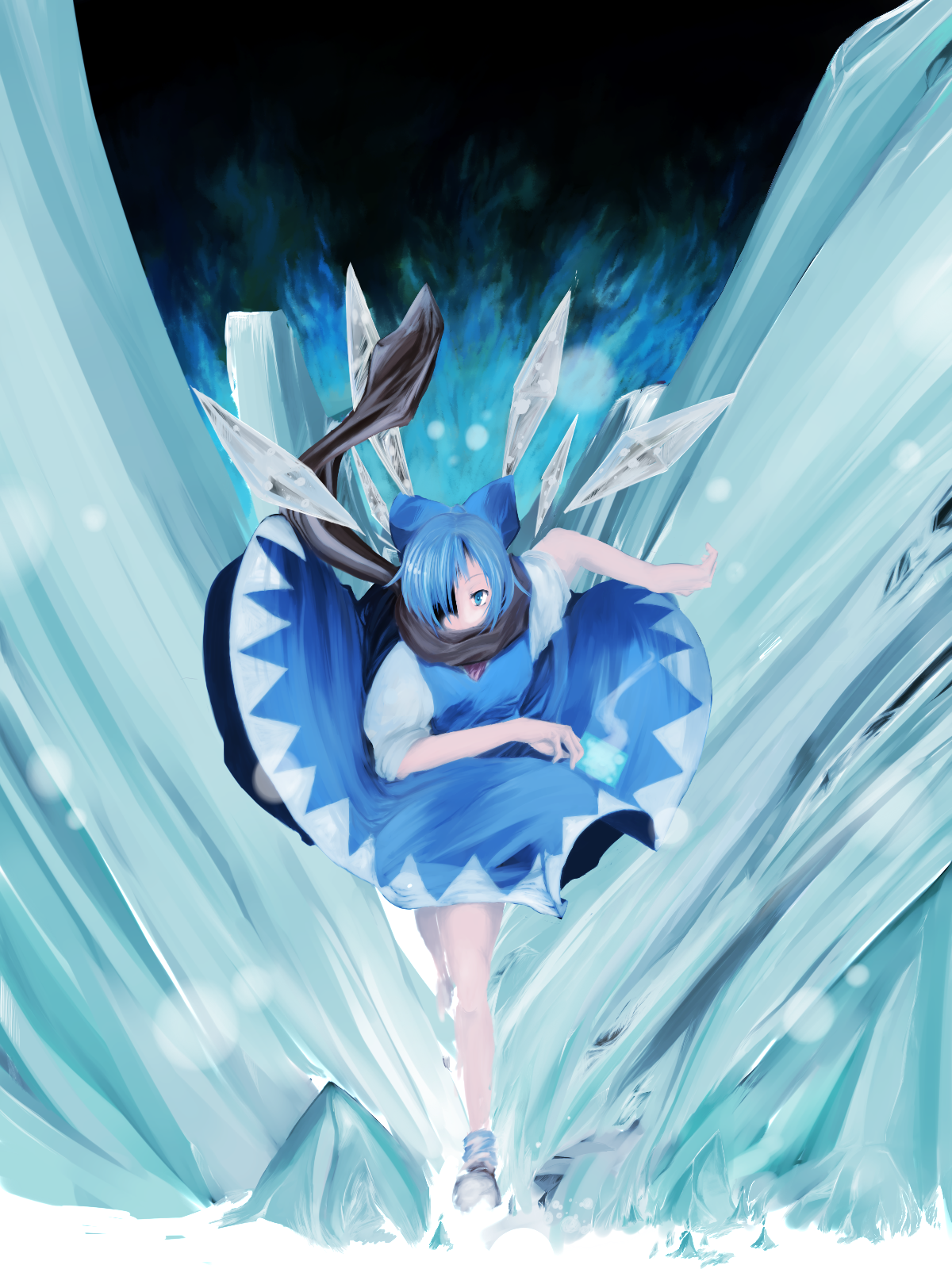 rukaori, cirno, cirno-nee, touhou, bad id, bad pixiv id, highres, 1girl, female focus, hair over one eye, ice, running, scarf, solo