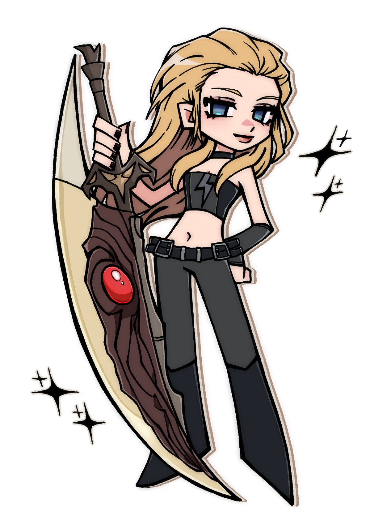 trish (devil may cry), devil may cry (series), devil may cry 5, highres, 1girl, belt, black belt, black boots, black choker, black nails, black pants, black shirt, black sleeves, blonde hair, blue eyes, boots, chibi, chibi only, choker, closed mouth, crop top, detached sleeves, hair slicked back, hand on own hip, holding, holding sword, holding weapon, iluvmyhamster69, long hair, looking at viewer, midriff, nail polish, navel, pants, shirt, sidelocks, solo, sparkle, strapless, sword, tube top, weapon, white background