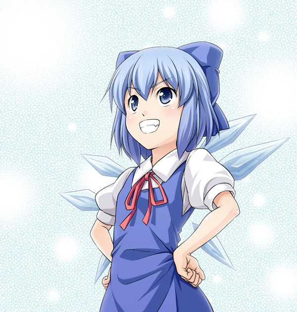 tomokichi, cirno, embodiment of scarlet devil, touhou, 1girl, dress, female focus, gradient background, grin, hair between eyes, hands on own hips, smile, solo, teeth, white background, wings