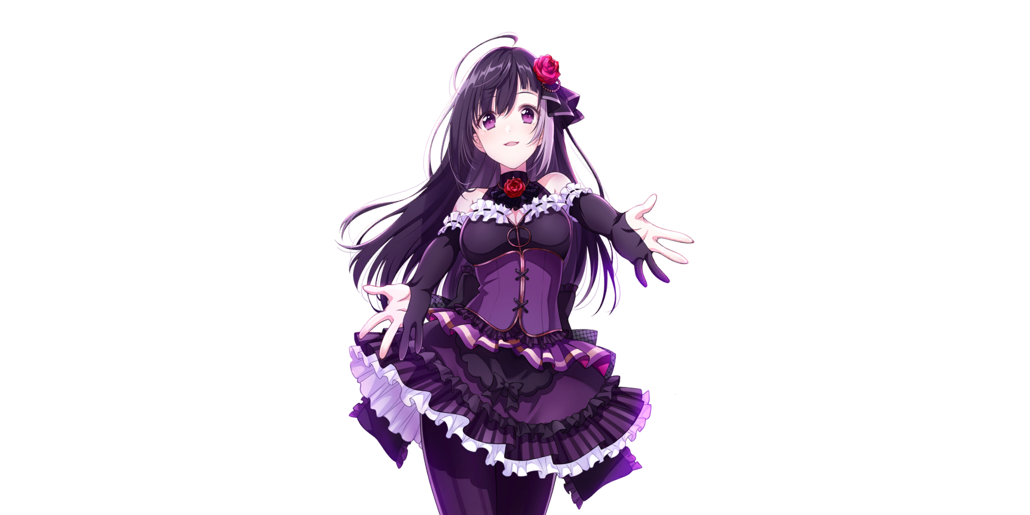 garnet (lapis re:lights), lapis re:lights, game cg, highres, official art, third-party source, 1girl, ahoge, bare shoulders, breasts, cleavage, cleavage cutout, clothing cutout, contrapposto, corset, cowboy shot, dot nose, dress, elbow gloves, flower, frilled dress, frilled gloves, frilled skirt, frills, gloves, hair flower, hair ornament, long hair, looking at viewer, medium breasts, neck flower, open mouth, outstretched arms, pantyhose, partially fingerless gloves, purple corset, purple dress, purple eyes, purple gloves, purple hair, purple pantyhose, purple skirt, red flower, red rose, rose, simple background, skirt, sleeveless, sleeveless dress, smile, solo, transparent background, underbust