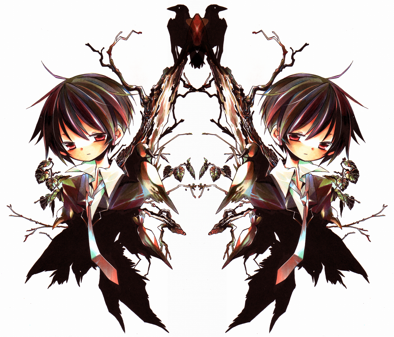 akisame kou, bad id, bad pixiv id, highres, 1boy, bird, brown hair, chibi, male focus, multiple views, nature, necktie, plant, red eyes, short hair, white background