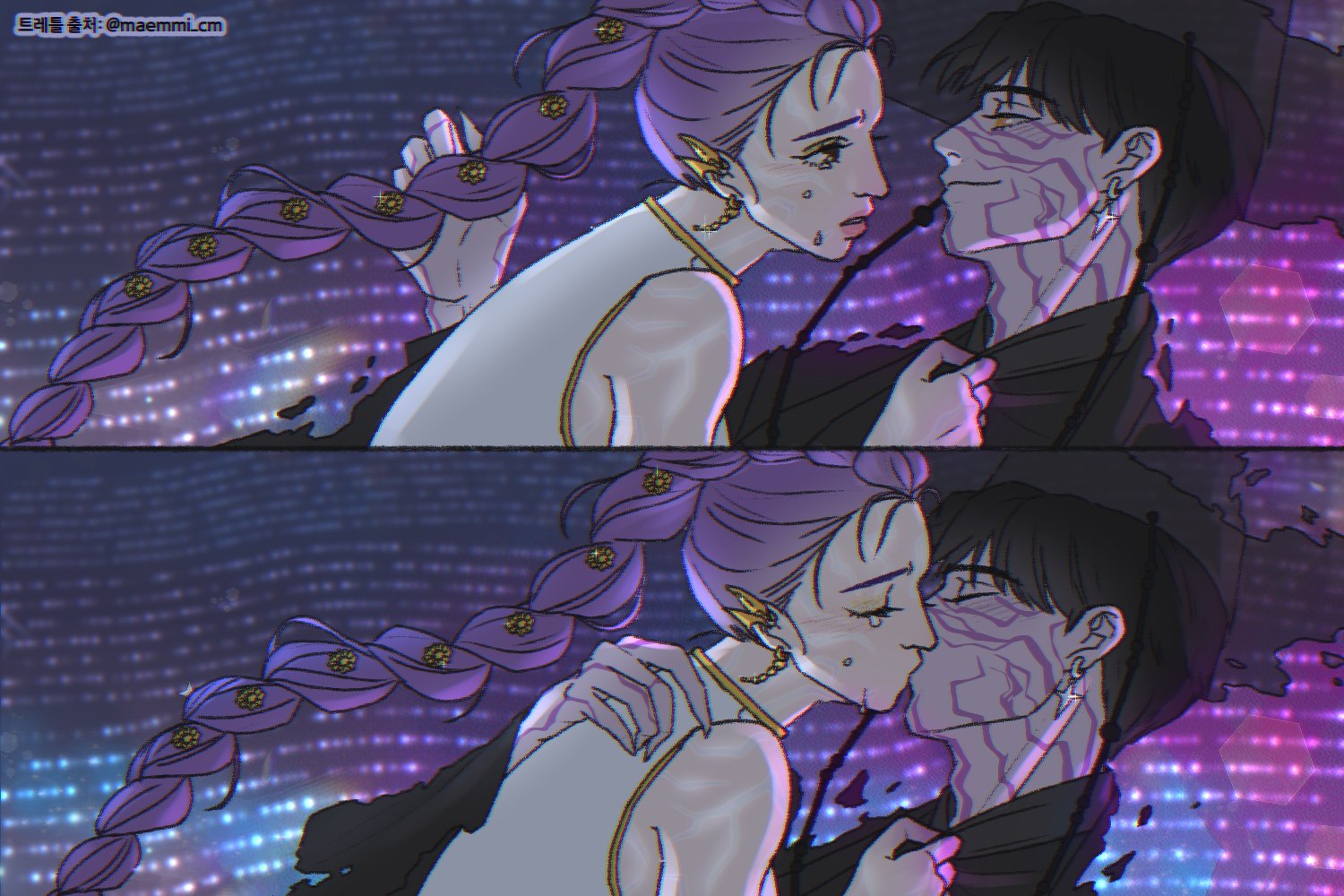 jinu (kpop demon hunters), rumi (kpop demon hunters), kpop demon hunters, commentary request, korean commentary, 1boy, 1girl, b 1ove, black hair, body markings, braid, braided ponytail, closed eyes, demon, earrings, eye contact, facial mark, gat (hat), hat, jewelry, light smile, looking at another, purple hair, sleeveless, tears, twitter username, yellow eyes