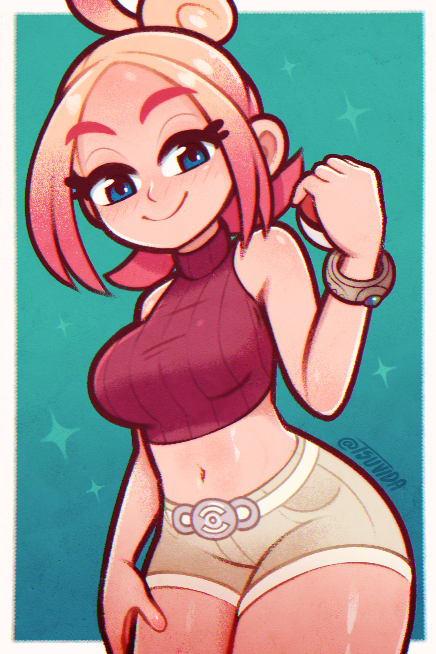 tsuvida, taunie (pokemon), nintendo, pokemon, pokemon legends: z-a, highres, 1girl, blue eyes, blush, breasts, brown shorts, closed mouth, green background, holding, holding poke ball, looking at viewer, medium breasts, midriff, navel, pink hair, poke ball, poke ball (basic), red sweater, short hair, shorts, sleeveless, sleeveless sweater, smile, solo, sweater, thighs, turtleneck, turtleneck sweater, twitter username