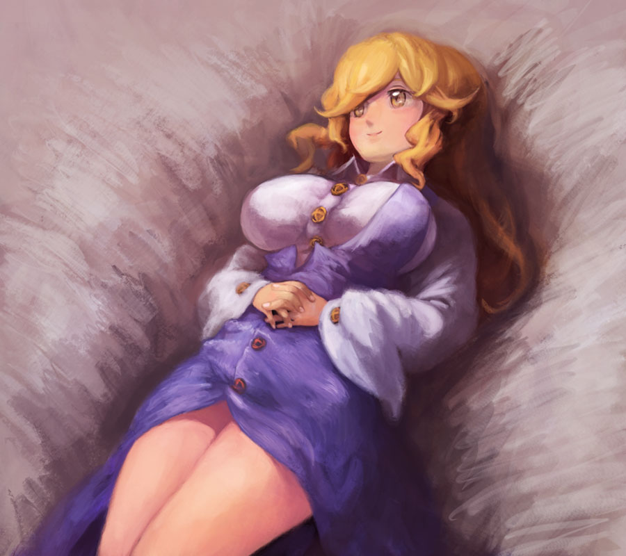 binayu, watatsuki no toyohime, silent sinner in blue, touhou, 1girl, blonde hair, breasts, female focus, large breasts, long hair, lying, on back, own hands clasped, own hands together, solo, yellow eyes