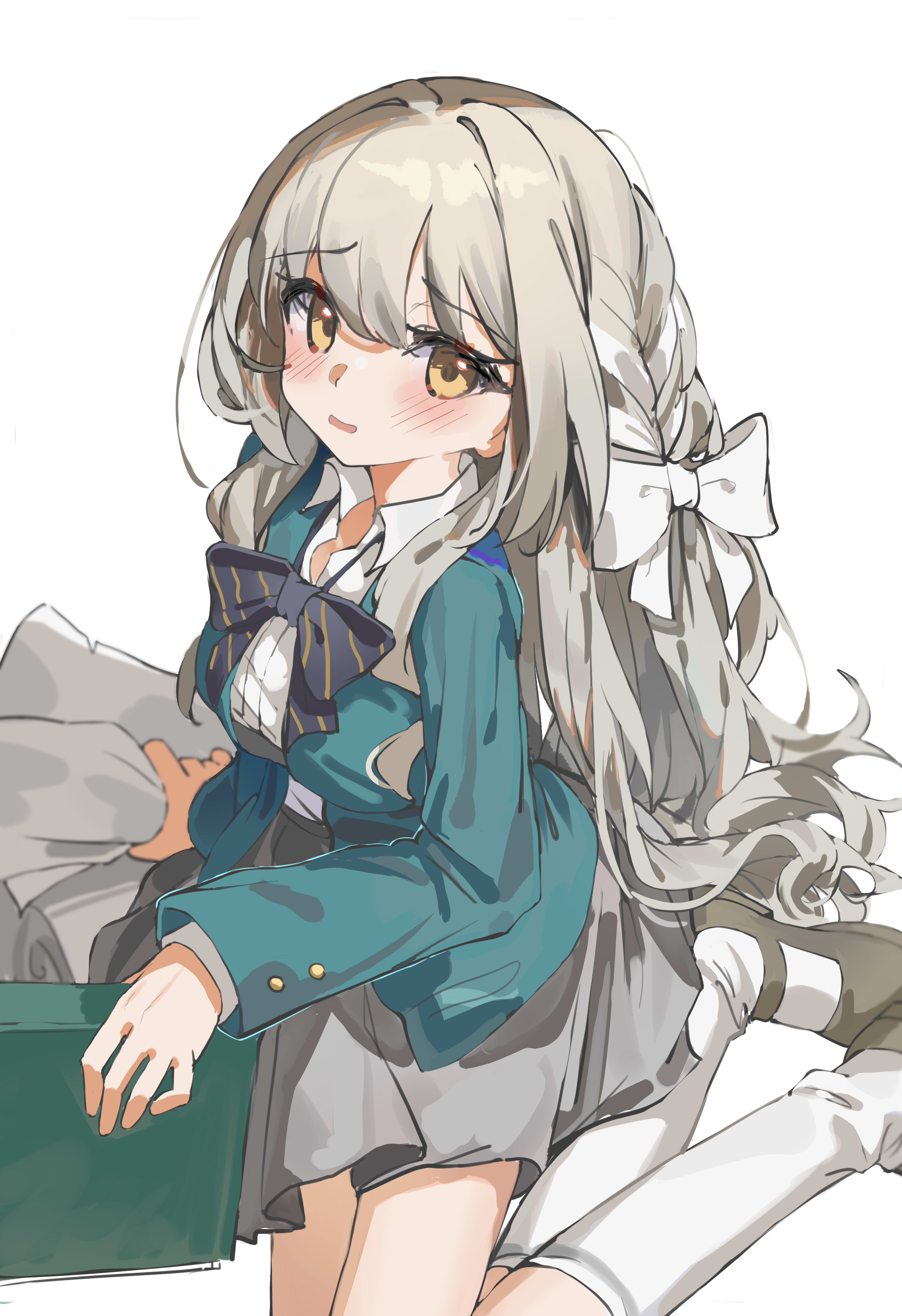 ayaha 4780828, miyo (blue archive), blue archive, absurdres, highres, revision, 1girl, black bow, blazer, blush, book, bow, bowtie, braid, breasts, brown shoes, collared shirt, grey hair, grey skirt, hair bow, jacket, kneehighs, long hair, long sleeves, looking at viewer, mary janes, no halo, open clothes, open mouth, parted lips, pleated skirt, school uniform, shirt, shoes, simple background, sitting, skirt, socks, solo, striped bow, striped clothes, very long hair, white background, white bow, white shirt, white socks, yellow eyes, yokozuwari
